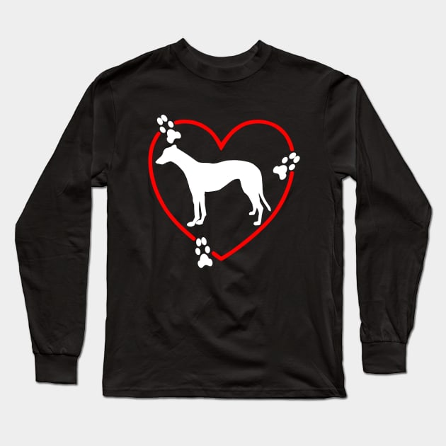 Standing White Greyhound Paw Prints Heart Long Sleeve T-Shirt by Greyt Graphical Greyhound